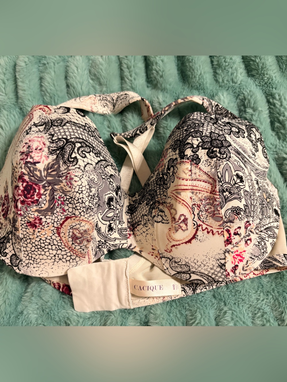 Cacique Cream Paisley-Print Padded T-Shirt Bra with Pink & Black Accents